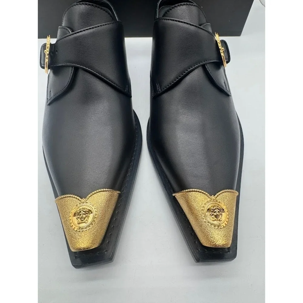 Versace Sabot Leather Western Mule Medusa Gold Toe Black EU 39.5 US 9 NIB - Picture 4 of 14